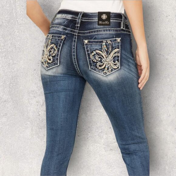 Miss Me Jeans 26 Fleur De Lis Bootcut Embellished Turquoise 33” Inseam Bling - Picture 1 of 13